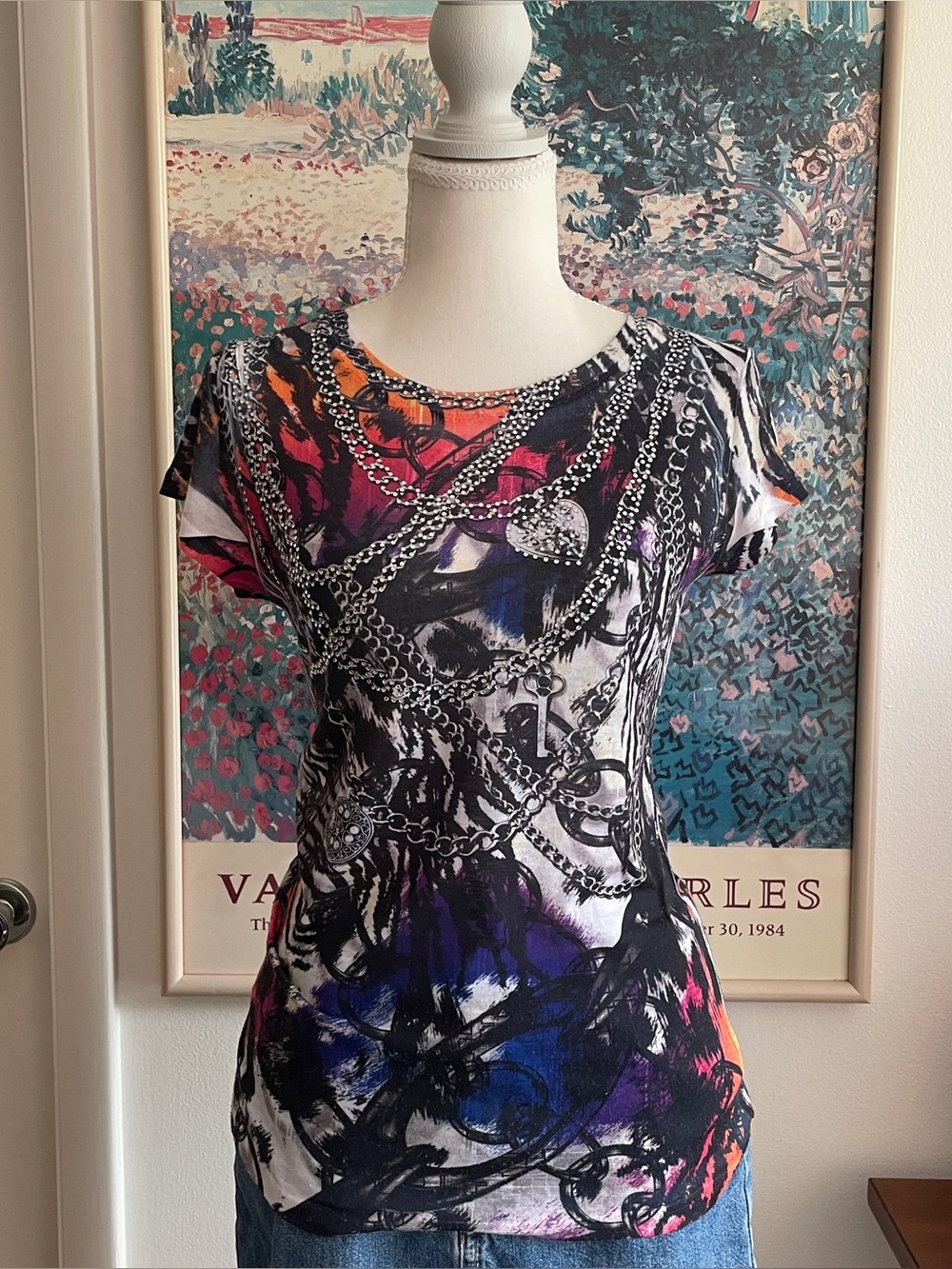 Y2K Caché Graphic T-Shirt Medium Chain Print Rhinestones Cyber Grunge Punk
